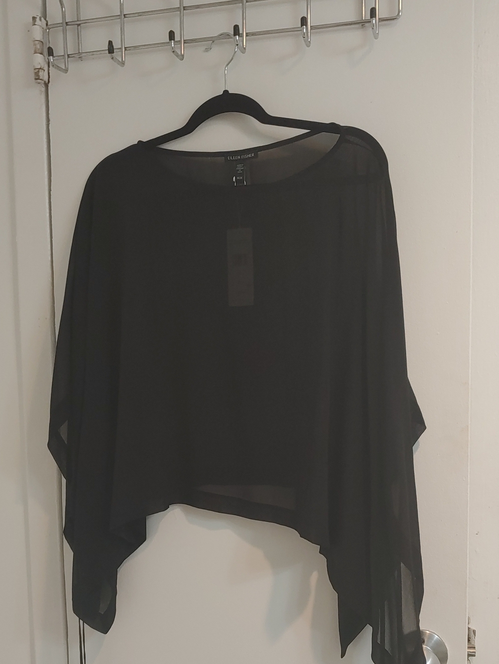 Eileen Fisher Black Sheer Cropped Silk Georgette Poncho Topper with Side Ties